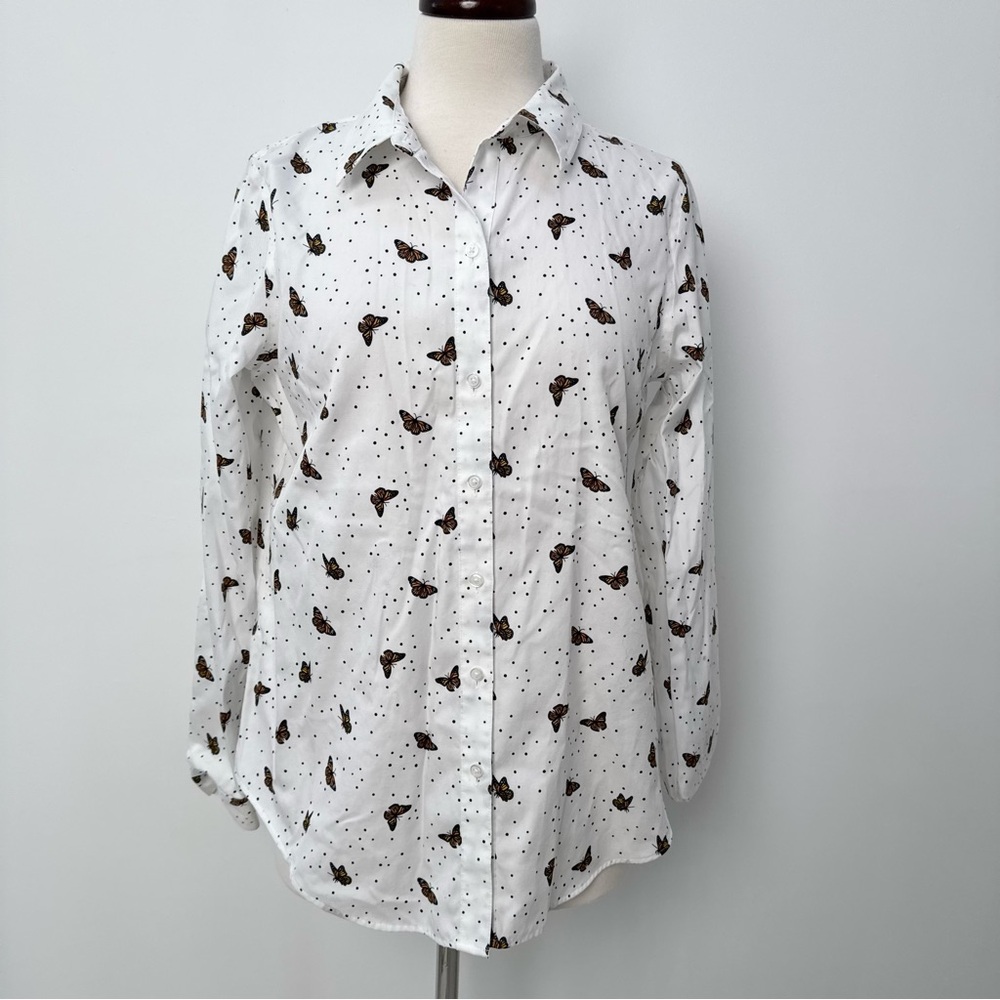 Coldwater Creek White Shirt with Brown Butterfly Print Womens size 8
